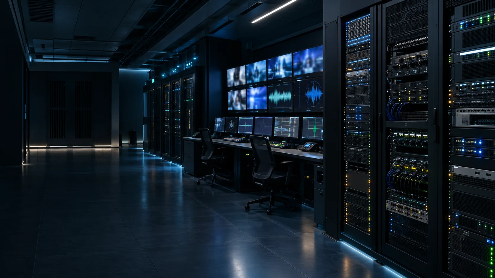 Illustrative broadcast control room with monitoring screens and equipment racks